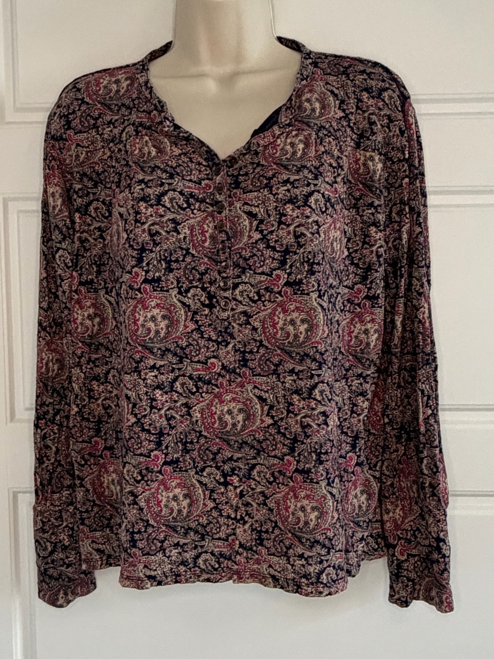 Lucky Brand Boho Henley Top Blue Pink Purple Blue Paisley Size XL Peasant